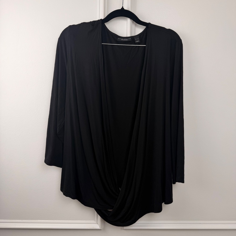 Susan Graver Weekend Black Draped Crossover Front 3/4 Sleeve Top XL A696213